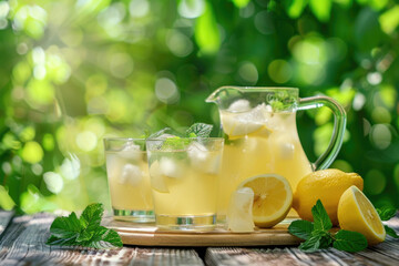 Fresh homemade lemonade with lemon, mint and ice on  the table in the garden