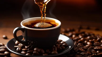 Keuken spatwand met foto A coffee bean plunging into a cup of black coffee © Cloudyew