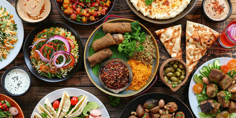 Fototapeta na wymiar Top view table with plenty of arabic food plates, no people.