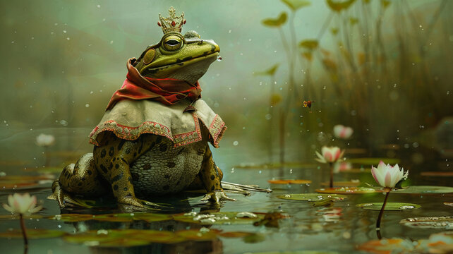 Frog in a princes outfit awaiting a fairy-tale kiss