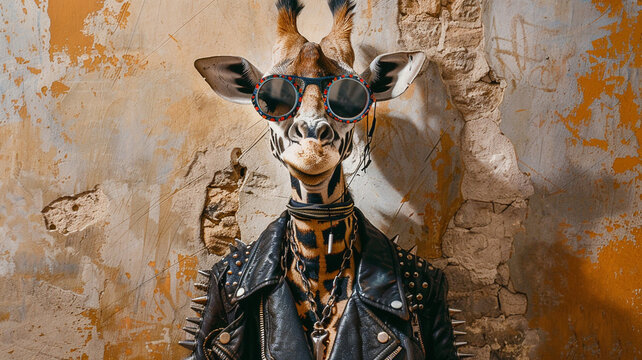 Giraffe in a punk rock outfit edgy and unexpected