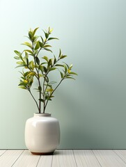 A white vase with a green plant in it sits on a wooden floor - 755773707
