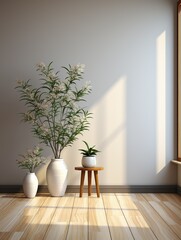 Fototapeta na wymiar A white vase with flowers sits on a wooden stool in a room with a large window
