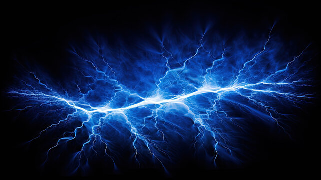 Shiny lightnings composition on the dark background. Abstract energy strike ornament in the thunderstorm.