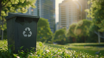 Portrait of green trash can recycle bin on green city background, saving environment concepts,  - obrazy, fototapety, plakaty