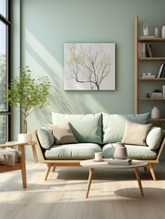A living room with a white wall and a green couch