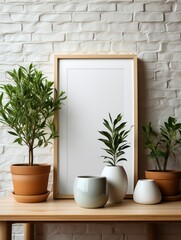 A white frame with a white background and a row of potted plants in front of it