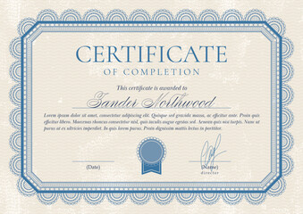 Certificate or diploma in vintage style and blue colors. Frame borders design. Simple Vector illustration