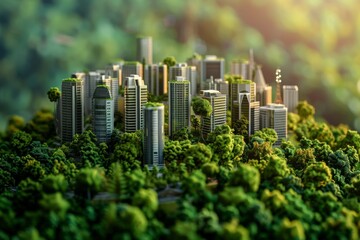 An earth model with a blend of forests and skyscrapers illustrating ecological urban development