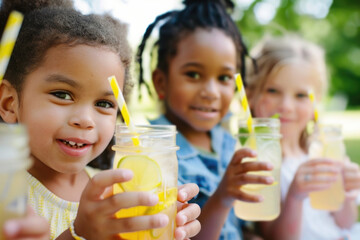 Group of mix raced children holding natural lemonade in park