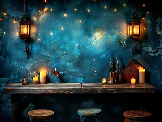 A blue wall with a starry sky and candles on a wooden bar