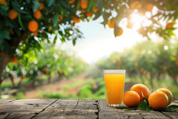 Healthy orange juice in the glass on the wooden table top, sunny orange tree orchard in the background, copy space