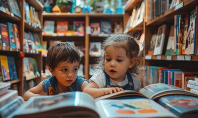 Two kids reading a book in library quietly