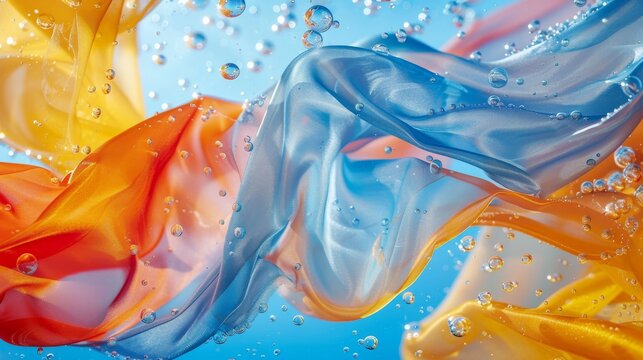 Closeup of floating in water blue background bubbles and ripples red orange yellow white and blue color scheme fabric fluttering fabric details high definition photography bright colors