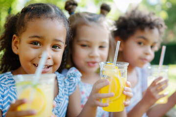 Group of mix raced children holding natural lemonade in park