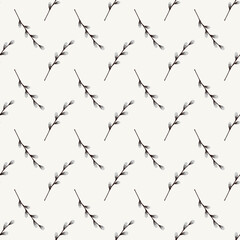 Seamless pattern of pussy-willow branches on a beige background 