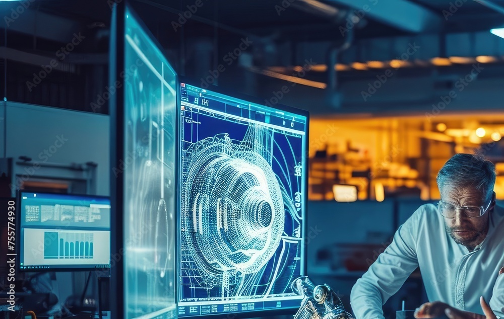 Poster man looking at computer screen generative ai