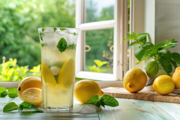 Fresh homemade lemonade with lemon, mint and ice on the kitchen table next to the window