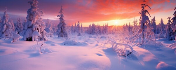 Snow-covered trees during a vibrant sunrise