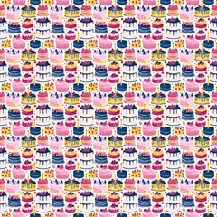 Seamless repeating pattern of colorful birthday cakes. 