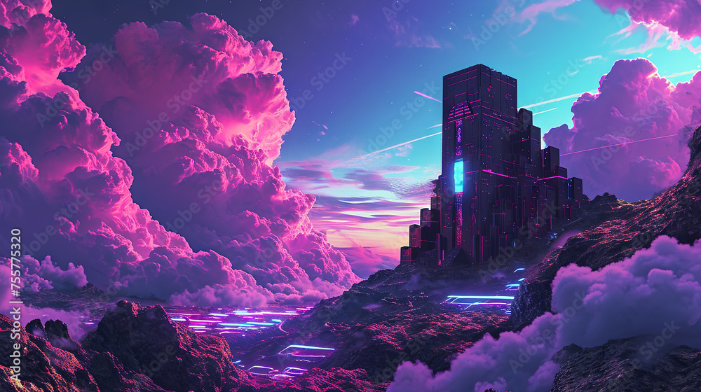 Poster vibrant sci-fi scene with synthwave styled towers in breathtaking perspective. futuristic cyberpunk 