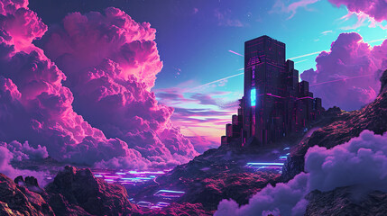 Vibrant sci-fi scene with synthwave styled towers in breathtaking perspective. Futuristic cyberpunk city in blue and purple colors. - obrazy, fototapety, plakaty