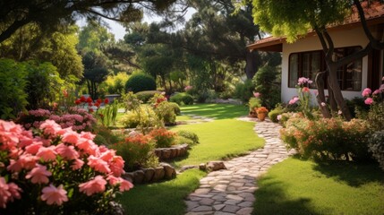 A tranquil garden pension with blooming flowers and serene pathways