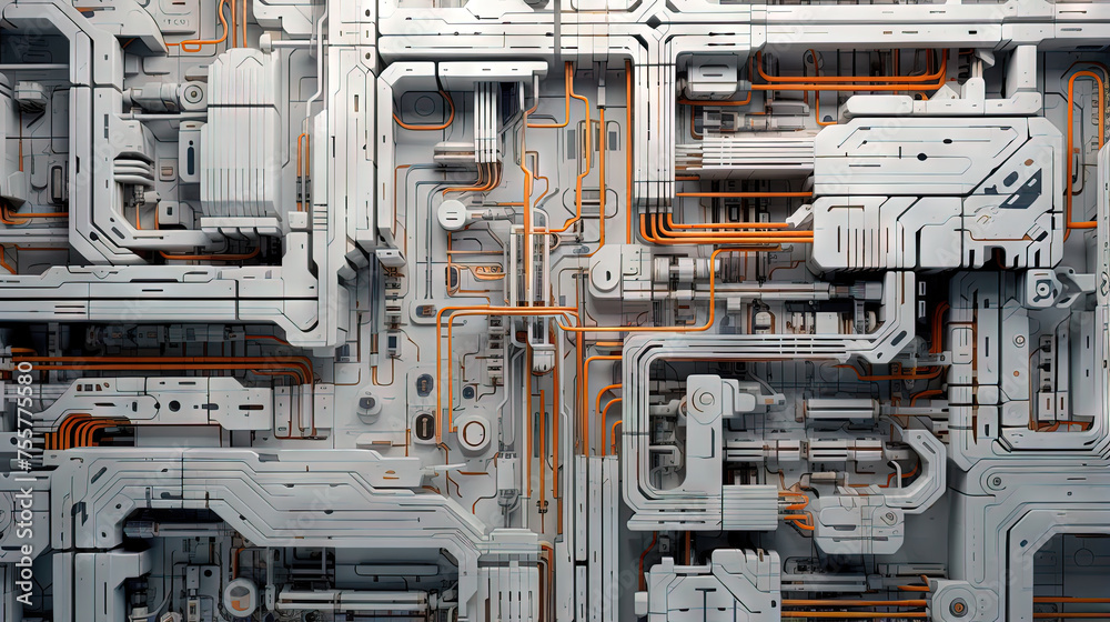 Poster Background with metallic panels texture, wires and circuit. Spaceship hull wall technology background.