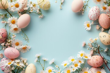 Naklejka na ściany i meble Happy Easter day frame background with eggs and empty copy space Generative Ai 