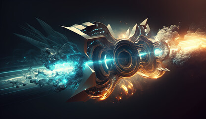 Colorful explosion of sci-fi engine and particles. Technology abstract with scientific device blast.