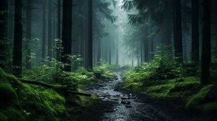 Atmospheric rain and mist in a mysterious forest