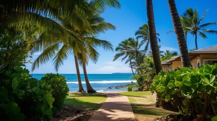 Fototapeta na wymiar Beachfront pension offering breathtaking ocean vistas and swaying palm trees