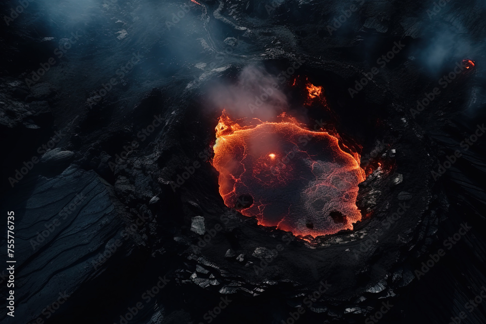 Wall mural volcano eruption from a bird view. volcano crater and magma flow shot from above. genertated ai.