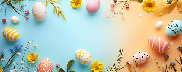 Obraz na płótnie Canvas Happy Easter day frame background with eggs and empty copy space Generative Ai 