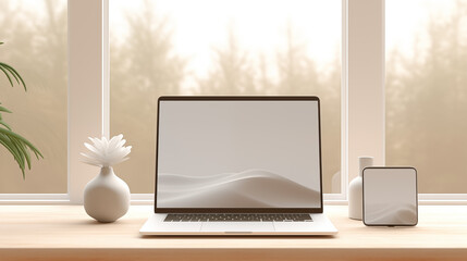 Home workspace with notebook laptop white screen mockup, coffee cup and copy space on wood tabletop against the window with nature view. 3d render, 3d illustration