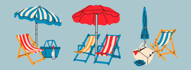 Summer beach set. Beach chairs, wooden deck chair, sun umbrella, picnic basket, sunbed. Hand drawn Vector illustration. Trendy unique style. Isolated design elements. Vacation, relax, holiday concept - 755777505