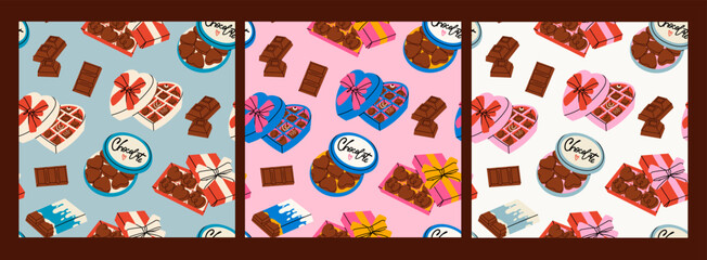 Various Chocolate. Different shapes of chocolate. Candies in box, bars and sweets. Tasty cocoa products. Hand drawn trendy Vector illustration. Sweet, delicious dessert. Set of three seamless Patterns - 755777569