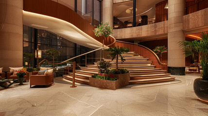 Incorporating a staircase in warm terracotta tones, reminiscent of sun-kissed earth, to infuse the...