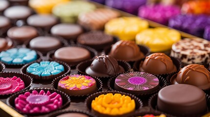 A colorful assortment of gourmet chocolates neatly arranged