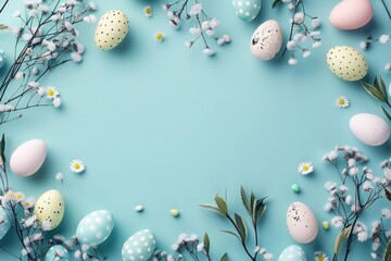 Fototapeta na wymiar Happy Easter day frame background with eggs and empty copy space Generative Ai 