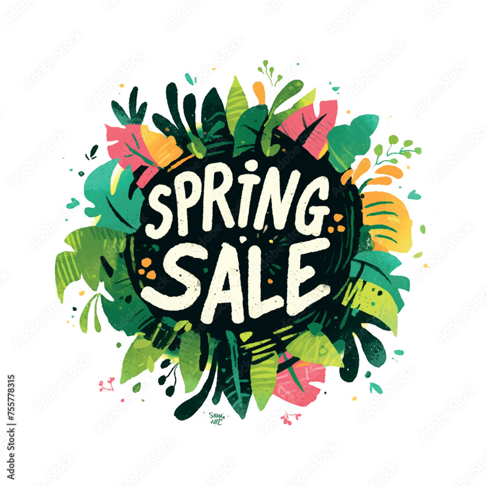 Poster spring sale is a colorful and lively design with a green background and a variety of plants and flow