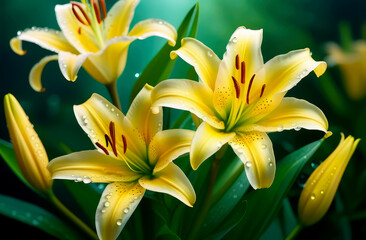 beautiful yellow lilies with dew drops on the petals
