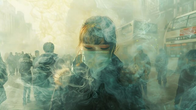 Chinese Woman in Smoky Cityscape Surreal Oil Painting of a Masked Woman Amidst Contrasting Reality and Illusion, evoking Cold Winter Feel under Green