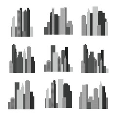 Monochrome city skyline silhouette set with buildings