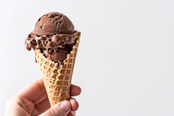 A hand holding chocolate ice cream in a cone on a white background - obrazy, fototapety, plakaty