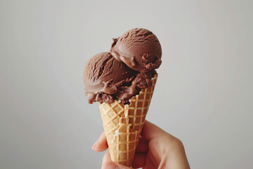 A hand holding chocolate ice cream in a cone on a white background