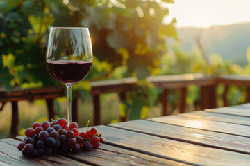 Red wine and grapes on wooden table, sunny vineyard in the background, copy space