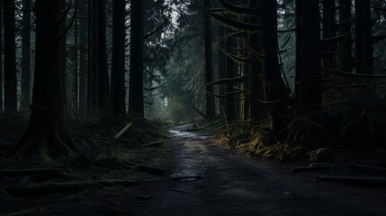 A haunted forest path with ominous shadows