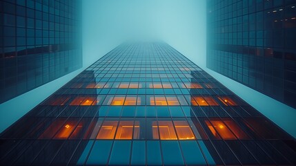 Misty Skyscraper Façade with Illuminated Windows at Twilight