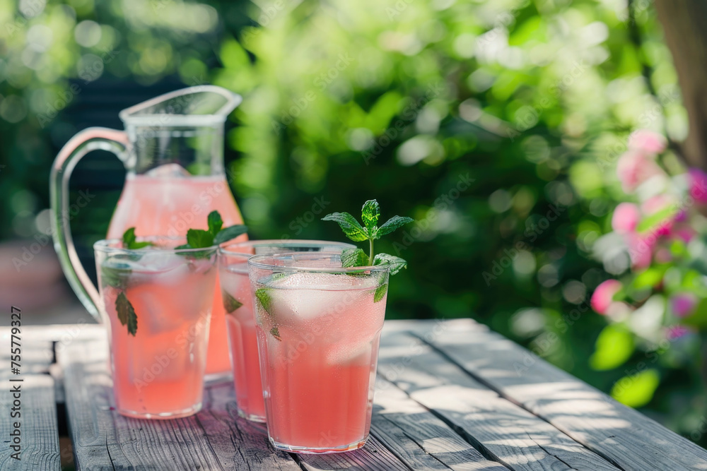 Wall mural fresh homemade pink lemonade with strawberries, lemon, mint and ice on the table in the garden